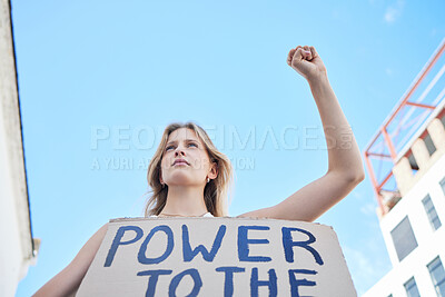 Buy stock photo Power to the people, woman protest and freedom sign to fight human rights, justice and politics in street rally. Girl power, feminism revolution and poster to support equality, community and society