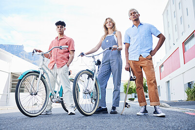 Buy stock photo Bicycle, skateboard and portrait of friends in city on summer vacation together in South Africa. Trendy, fashion and cool hipster people standing in urban road on fun adventure, journey or holiday.