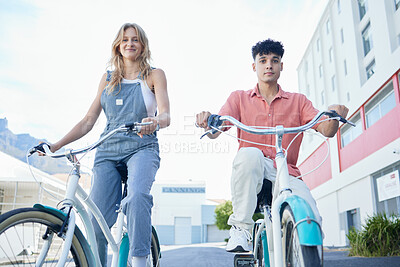 Buy stock photo City travel, bicycle and couple friends portrait for outdoor summer, youth wellness lifestyle. gen z woman or people with bike cycling for carbon footprint, date or free time together in urban street