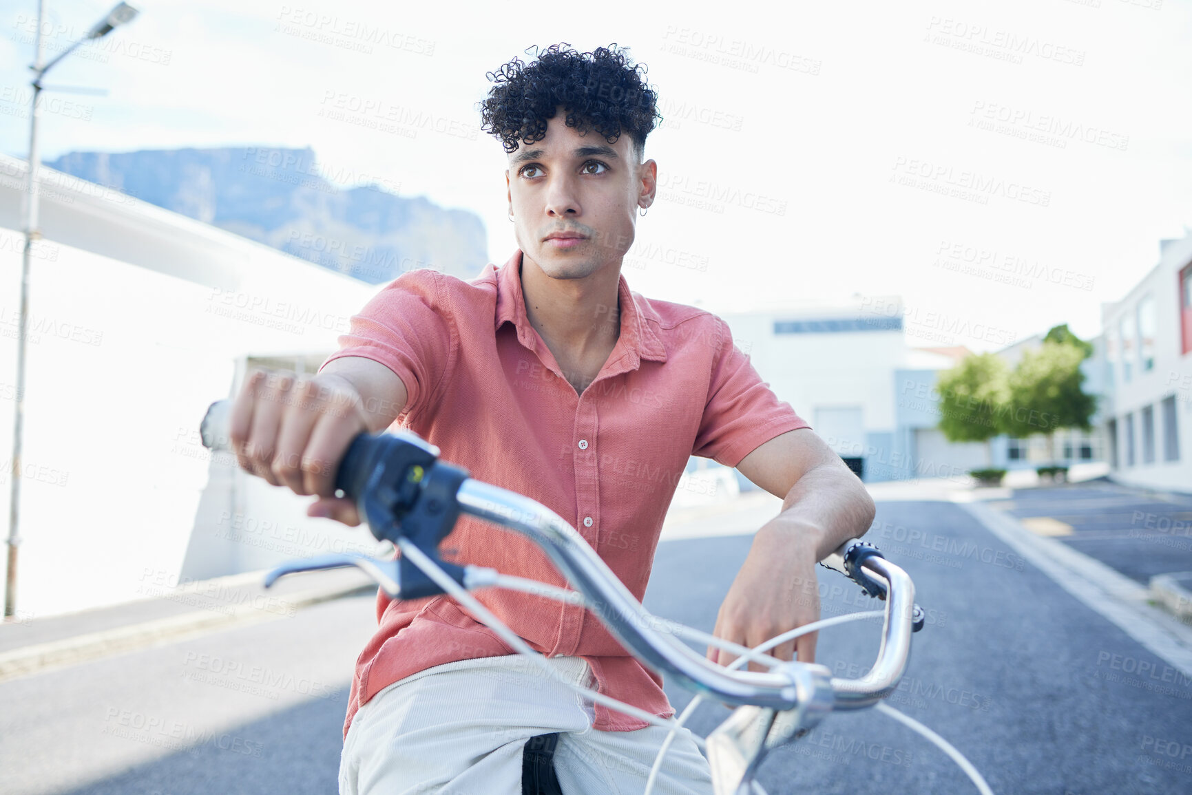 Buy stock photo Bicycle, eco friendly travel and young man, active lifestyle and clean carbon footprint in cityscape. Gen z youth, cycle and commute, sustainability and environment, wellness and fitness outdoors.