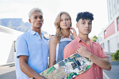 Buy stock photo Friends, urban skate and diversity of people holding a skateboard outdoor together. Portrait of a city skating, gen z sports group ready to exercise a ride technique on a road for training and fun 