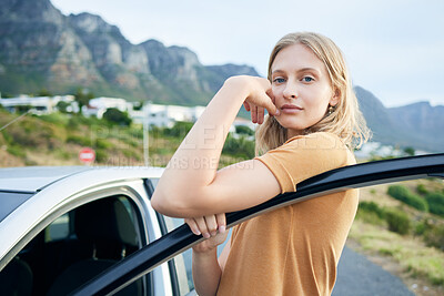 Buy stock photo Young woman, travel and with car on vacation, journey and adventure for summer. Independent female, confident girl and taking break from road trip driving for holiday, relax getaway and happy outdoor