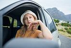 Travel, adventure and woman in transportation while on roadtrip with mountain in background during summer vacation. Young, in trendy fashion and portrait, calm and relax in nature while outdoors.