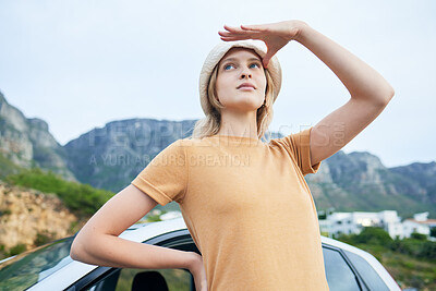 Buy stock photo View, relax and woman on a road trip with a car in nature of Portugal during summer. Relax, freedom and calm girl doing travel in the countryside with transport for holiday, adventure and drive