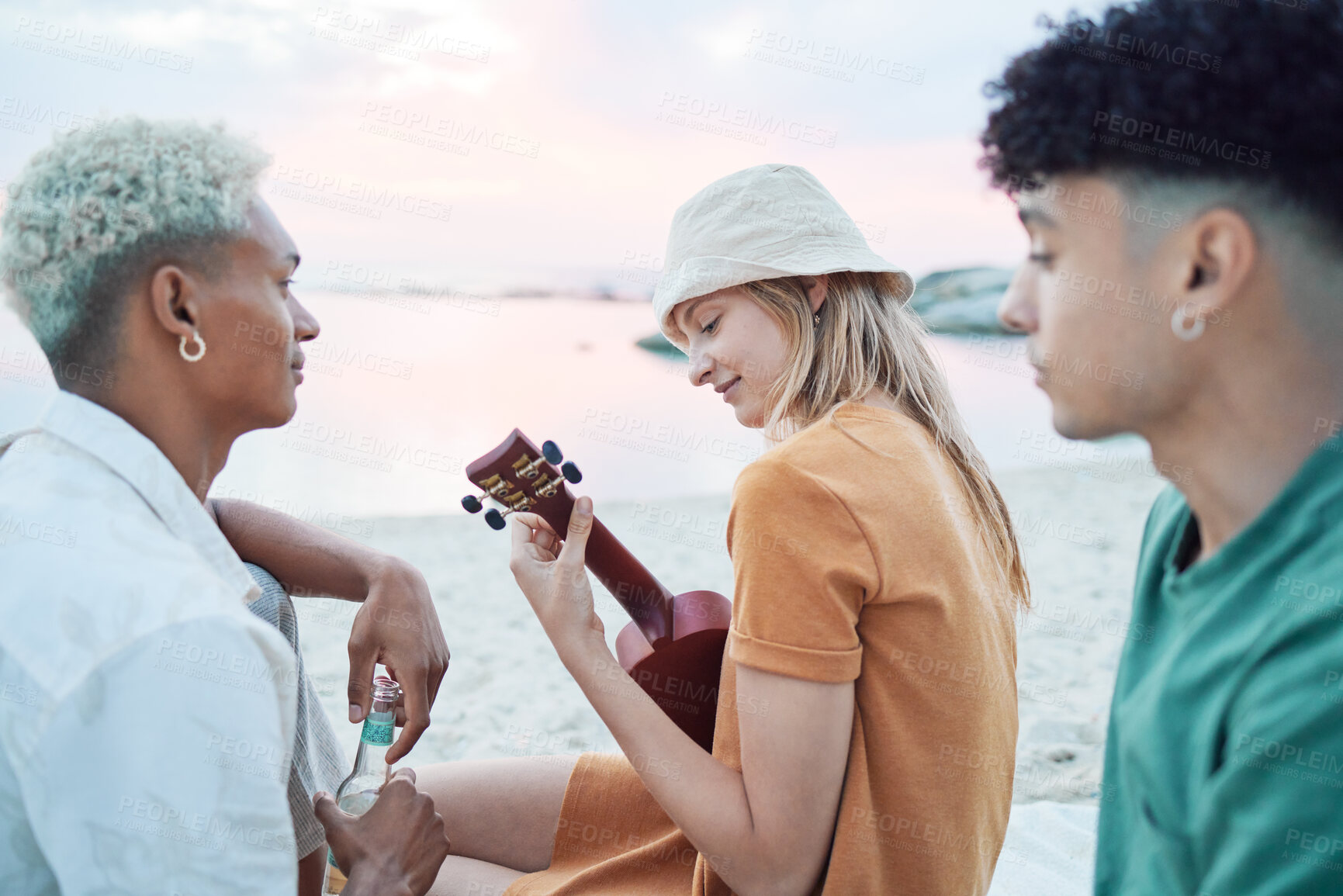 Buy stock photo Young friends play music on beach, people on summer holiday and travel outdoor with guitar ukulele in Hawaii. Diversity students vacation together, relax at sea picnic and road trip celebration