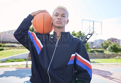 Buy stock photo Basketball, portrait and man on sports court ready for training, game or competition with serious expression. Workout, athlete and male from Brazil playing ball sport for exercise, fitness and health