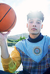 Man, portrait and basketball on sports court ready for training game, competition or match. Basketball player, exercise and male in Canada playing ball sport for workout, fitness and health outdoors.
