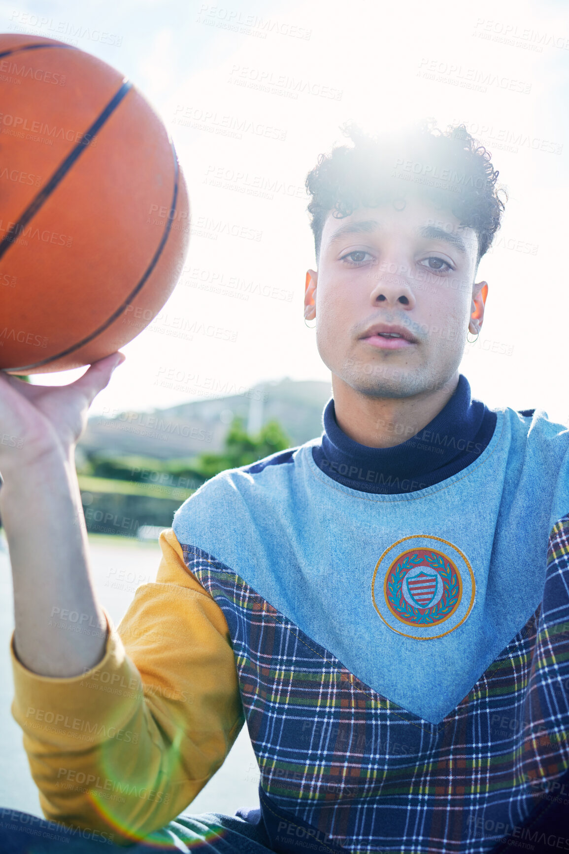 Buy stock photo Man, portrait and basketball on sports court ready for training game, competition or match. Basketball player, exercise and male in Canada playing ball sport for workout, fitness and health outdoors.