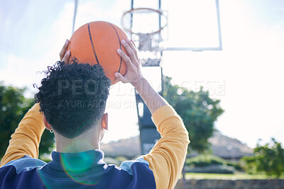 Buy stock photo Man, basketball and shooting hoops for training, practice and workout on basketball court. Basketball player, athlete and sport with ball, aim and fitness for game, match or competition in Dallas