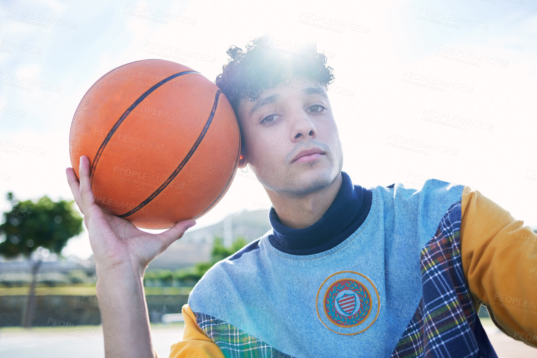 Buy stock photo Athlete on outdoor basketball court, ball in hand for sports fitness and game focus to win competitive game in Brazil. Motivation, active concentration and talent for winning sports match competition