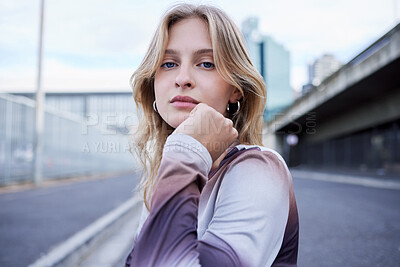 Buy stock photo Woman in city street, fashion portrait for blonde model and gen z style in New York road. Outdoor winter clothes, natural makeup beauty on face and cool caucasian girl closeup in urban lifestyle