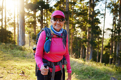 Buy stock photo Hiking, nature and summer with a senior woman in the forest or woods, walking for health and exercise. Trees, fitness and hike with an elderly female pensioner taking a walk in the mountain in summer