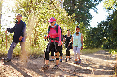 Buy stock photo Hiking, walking and senior women in a forest or woods on a hiking trail together. Group of old women doing exercise, workout and fitness in retirement to keep active. Friends taking a walk in nature