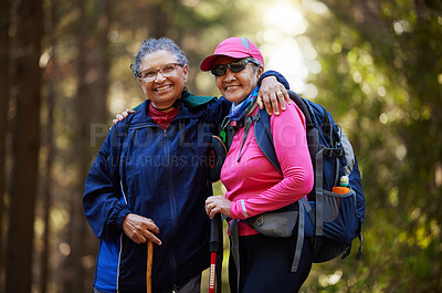 Buy stock photo Hiking, nature and happy senior women trekking on travel for fun adventure, fitness journey or retirement lifestyle. Portrait smile of elderly friends walking for health workout in India forest woods