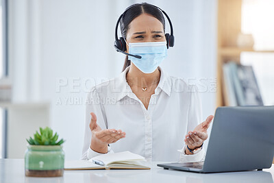Buy stock photo Covid, call center and worker confused while consulting on the internet with a laptop in an office at work. Angry and frustrated customer service agent working in telemarketing with pc and face mask