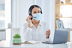 Covid, communication and call center woman with telemarketing headset testing mic connection. Professional customer service office consultant working with coronavirus face mask protection.

