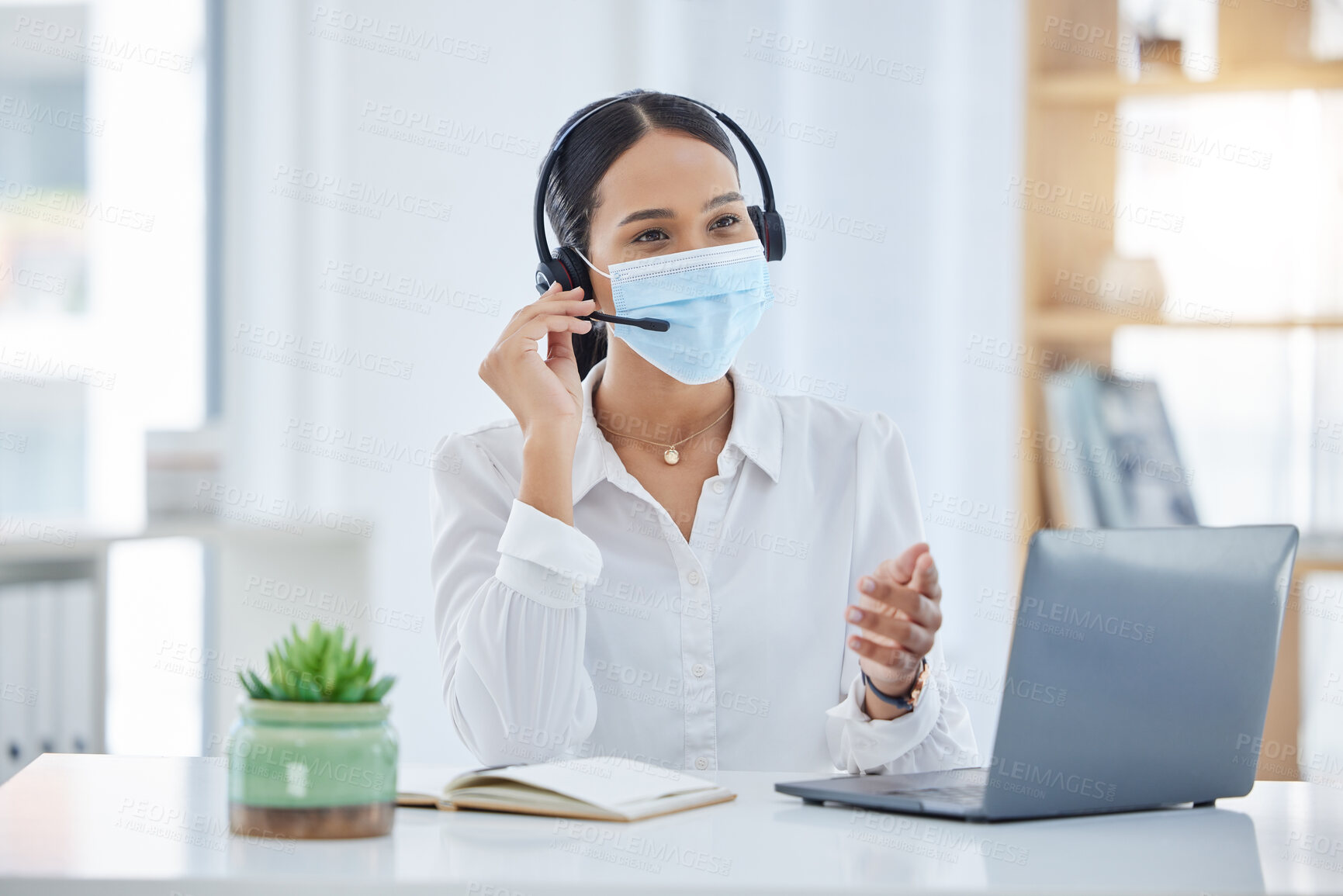 Buy stock photo Covid, communication and call center woman with telemarketing headset testing mic connection. Professional customer service office consultant working with coronavirus face mask protection.

