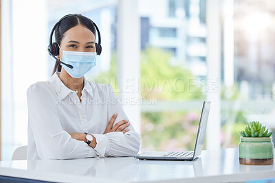 Buy stock photo Covid, compliance and healthcare consultant in a call center with ready to help medical clients with insurance. Woman, employee and contact support worker in safety face mask with headset and mic