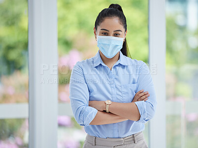 Buy stock photo Covid, face mask and business woman with compliance, safety and company policy motivation in human resources management. Proud corporate manager or hr worker corona virus health portrait in an office