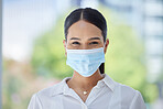 Happy business woman, covid face mask for workplace and portrait of corporate professional in pandemic. Healthcare virus company policy for office safety, employee satisfaction and hygiene protection