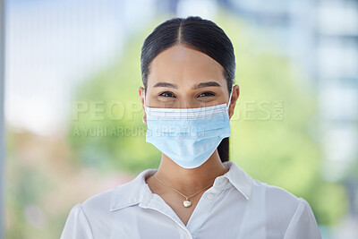 Buy stock photo Happy business woman, covid face mask for workplace and portrait of corporate professional in pandemic. Healthcare virus company policy for office safety, employee satisfaction and hygiene protection