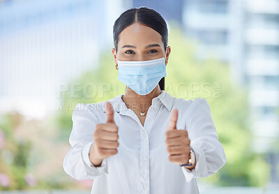 Buy stock photo Face mask, covid compliance or thumbs up woman with hand, vision or wellness goal to stop global virus. Portrait business woman, employee or corporate worker with trust vote or vaccine support 