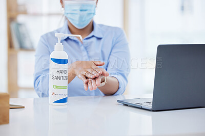Buy stock photo Covid, business woman at desk and hand sanitizer for hygiene and safety, protection against virus. Cleaning, laptop and health compliance of corporate, medical policy and clean working environment.