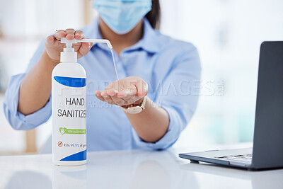 Buy stock photo Hand sanitizer, covid and woman with laptop working in the office with face mask. Hygiene, clean and sanitizing hands in the workplace for prevention of covid 19. Business woman at work with computer