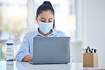 Business woman with laptop, during covid with mask and hand sanitizer for hygiene and health. Young corporate professional, safety and sanitation while working in office during pandemic.