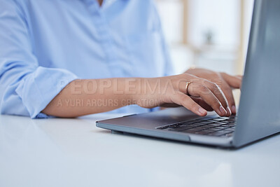 Buy stock photo Zoom of business woman hands, laptop or manager typing a schedule, email or company marketing research project. Networking, contact us or employee planning, idea review or strategy for innovation 