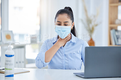 Buy stock photo Covid, sick and face mask woman at work in company office or workplace. Business worker with health, safety or female flu, sick or global healthcare corona virus infection and throat pain at table
