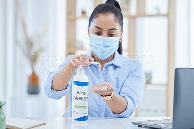 Buy stock photo Sanitizer, covid and employee cleaning hands in the office for dusty germs, health and safety in working environment. Face mask, virus and woman washing from liquid soap bottle for hygiene protection