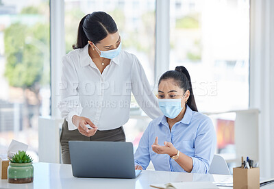 Buy stock photo Covid, work and business women in the office with laptop and wearing face mask. Tech, 404 and team working to fix problem, mistake and glitch on computer with mask in the workplace for covid 19