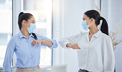 Buy stock photo Business team, elbow bump and covid safety with employees greeting doing social distance in an office. Manager and woman in office during coronavirus with a face mask and working after lockdown
