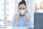 Stress, covid and headache of a business woman in her office working at desk with laptop for compliance, health problem or tech job. Burnout, anxiety and mental health corporate worker in a face mask