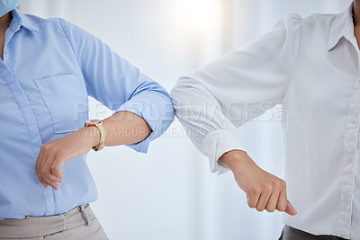 Buy stock photo Covid, arms and elbow greeting for business safety, rules and regulations for compliance at the office. Corporate people practicing social distancing at the workplace with safe arm touch or welcome