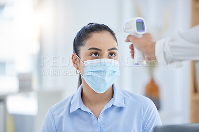 Buy stock photo Woman, covid 19 and thermometer for safety, health and sign of infection. Doctor, patient and technology in face with mask for wellness, protection and stop of coronavirus sickness in Los Angeles