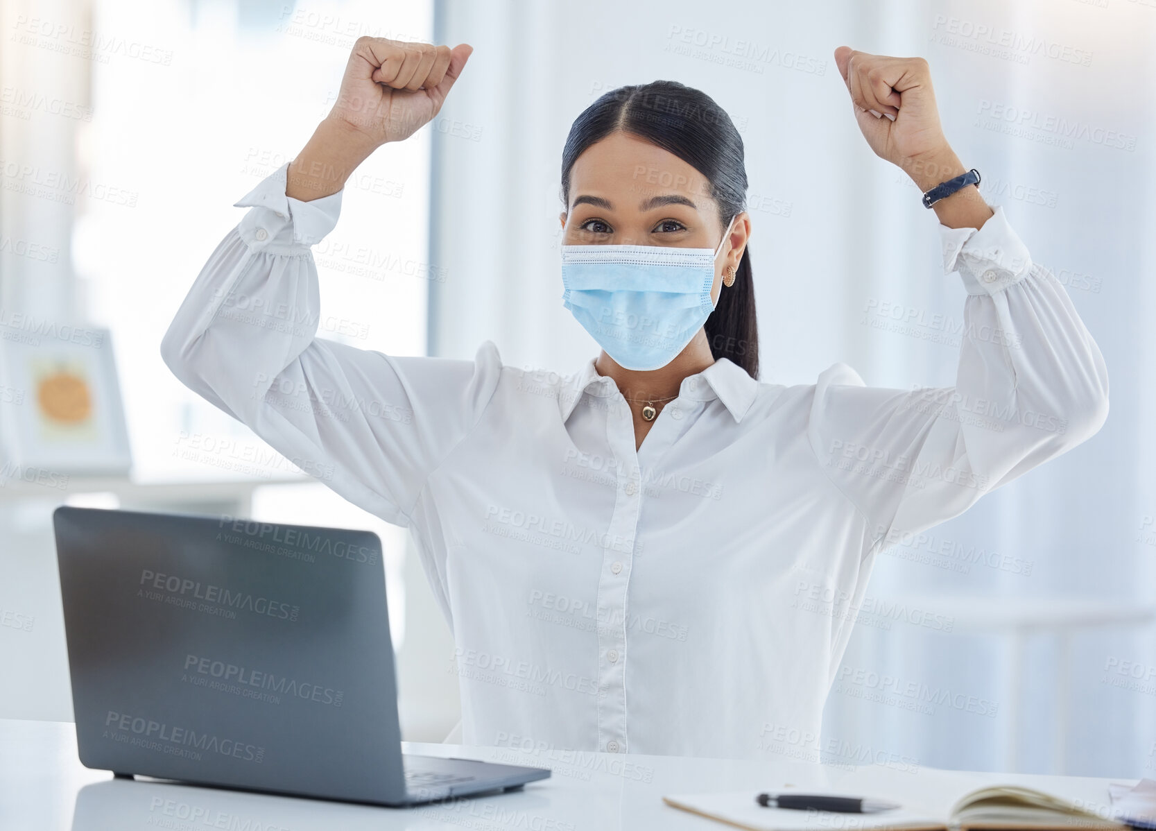 Buy stock photo Business woman in office, covid mask and celebrate success at work during pandemic. Young corporate person in portrait, working with laptop and winner, presentation victory and job well done.