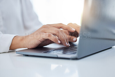 Buy stock photo Laptop, business and hands of employee typing an email on the internet while working in an office at work. Corporate manager, employee and worker networking on the internet and in communication on pc