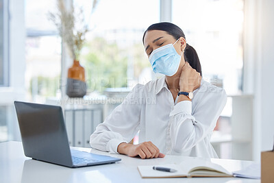 Buy stock photo Covid business woman, neck pain and stress injury at office desk in startup. Sad, sick and tired face mask employee burnout, joint pain problem and body posture, corona virus health risk and anxiety