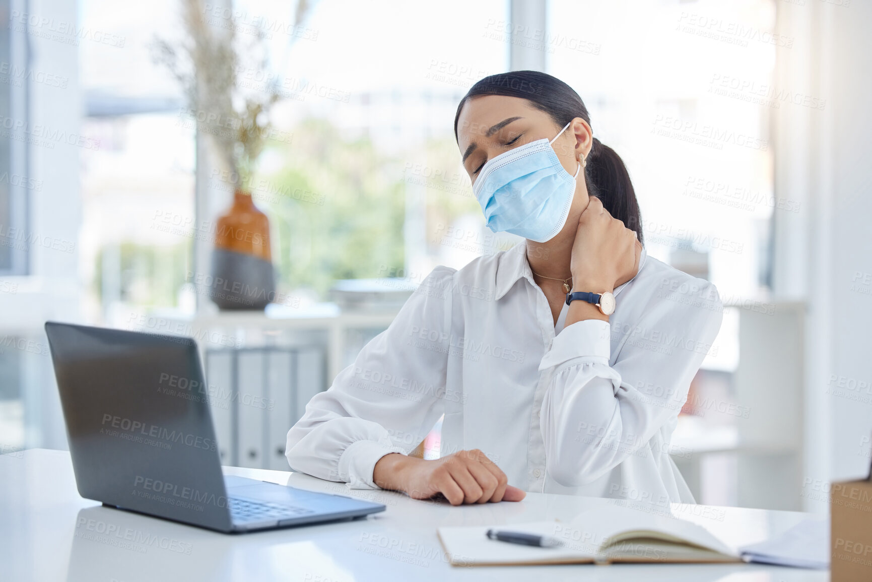 Buy stock photo Covid business woman, neck pain and stress injury at office desk in startup. Sad, sick and tired face mask employee burnout, joint pain problem and body posture, corona virus health risk and anxiety