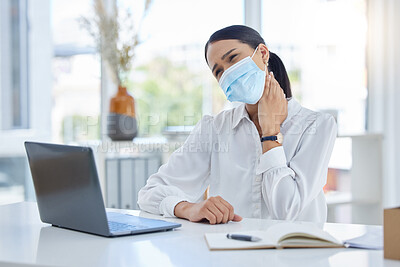 Buy stock photo Covid, neck pain and a woman with laptop and face mask in office. Online work, overtime and a tired businesswoman at desk with hand on neck. Stress, injury and anxiety, lady working during pandemic.