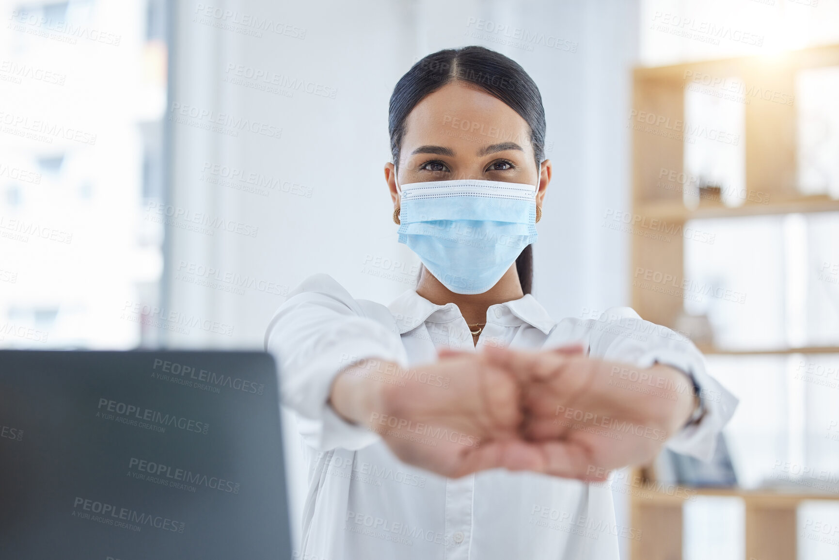 Buy stock photo Stretching, woman and doctor with covid face mask compliance in hospital, wellness and healthcare medical center. Portrait, medicine worker and insurance employee ready for consulting covid 19 people
