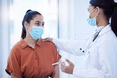 Buy stock photo Covid, vaccine and doctor calm woman during health consultation for immunity injection for protection against disease. Mask, healthcare and syringe, medical worker help comfort scared patient.