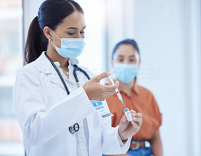 Buy stock photo Covid vaccine, healthcare and doctor consulting with a patient at a hospital. Nurse, medical employee and worker helping a woman with safety from virus with medicine and liquid with face mask