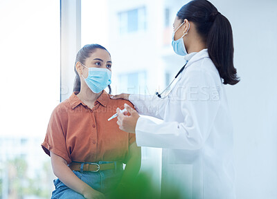 Buy stock photo Covid, health and patient vaccine of a doctor consulting a woman in a hospital or clinic office. Healthcare consultant and employee working and helping with medicine and medical advice for dengue