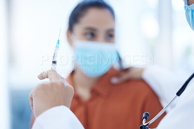 Buy stock photo Medical doctor giving covid vaccine to woman in consultation room wearing face mask. Medicine, healthcare and patient with immunity injection at hospital for covid 19 virus prevention and treatment