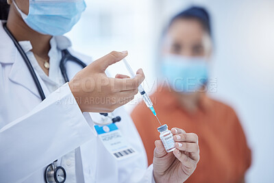 Buy stock photo Vaccine, covid and hospital doctor worker with a patient ready for medicine injection help. Medical clinic healthcare woman consultant in a consultation helping with dengue or corona prevention