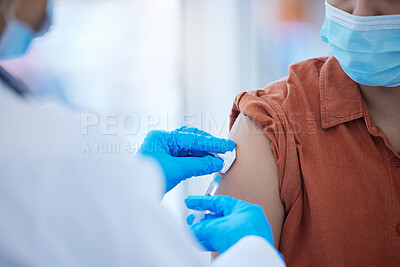 Buy stock photo Doctor hands, vaccine or covid injection in arm for global virus security, safety or wellness insurance. Zoom, woman or healthcare medical employee or covid 19 compliance hospital worker and medicine