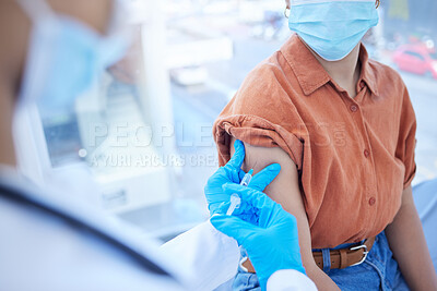 Buy stock photo Healthcare, innovation and covid vaccine with doctor and patient in a hospital, compliance and safety. Medicine, science and corona treatment with nurse and woman in a clinic for arm injection